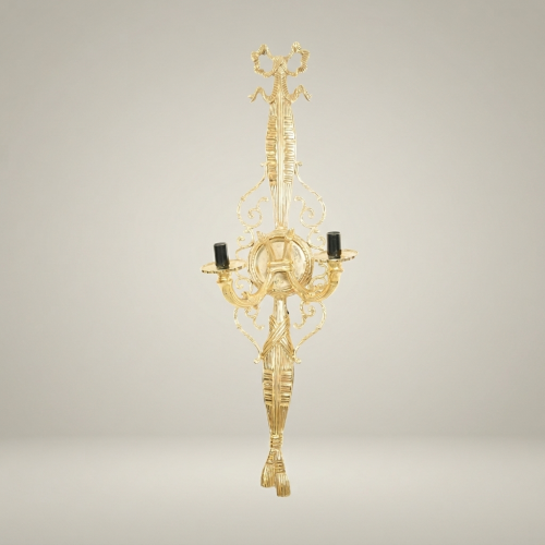 Neoclassical Two-Arm Brass Wall Sconce Torch Tassel Ornate Louis XVI Gold Front | Brass & Wood