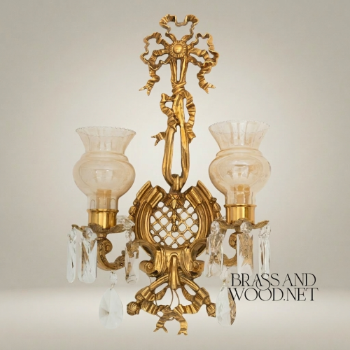 Neoclassical Two-Arm Brass Wall Sconce Ribbon Tassel Crystal Drops Candle Holder Brass and Wood Gold Front | Brass & Wood