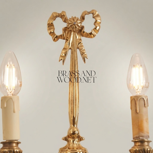 Neoclassical Twin-Arm Brass Wall Sconce Ribbon Bow Finial Candle Light Brass and Wood Gold Front | Brass & Wood
