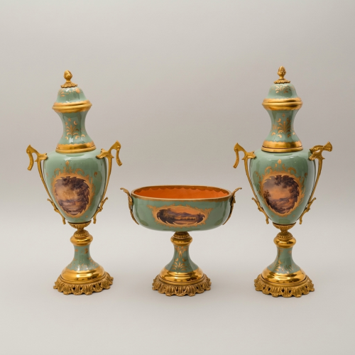 Neoclassical Celadon Ceramic & Brass Vase and Centerpiece Bowl Set - Painted Medallion Panels