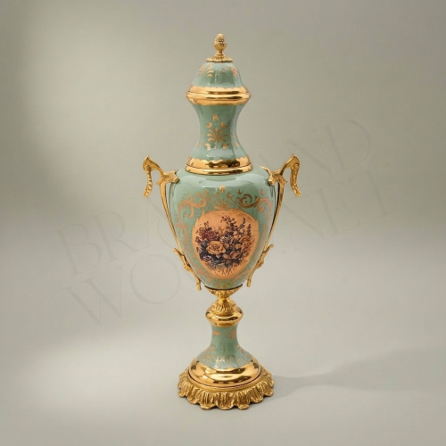 Neoclassical Celadon Ceramic & Brass Vase and Centerpiece Bowl Set - Painted Medallion Panels