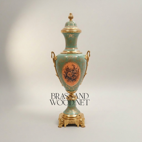 Neoclassical Celadon Ceramic Lidded Urn Vase with Gilt Brass Mounts & Floral Medallion