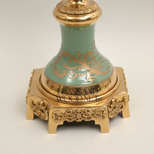 Neoclassical Celadon Ceramic Lidded Urn Vase with Gilt Brass Mounts & Floral Medallion