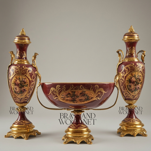 Neoclassical Wine Ceramic and Brass Three-Piece Vase Set with Floral Cartouche and Gilt Mounts Gold Front | Brass & Wood