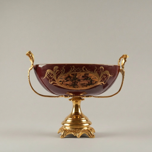 Neoclassical Wine Ceramic and Brass Three-Piece Vase Set with Floral Cartouche and Gilt Mounts Gold Front | Brass & Wood