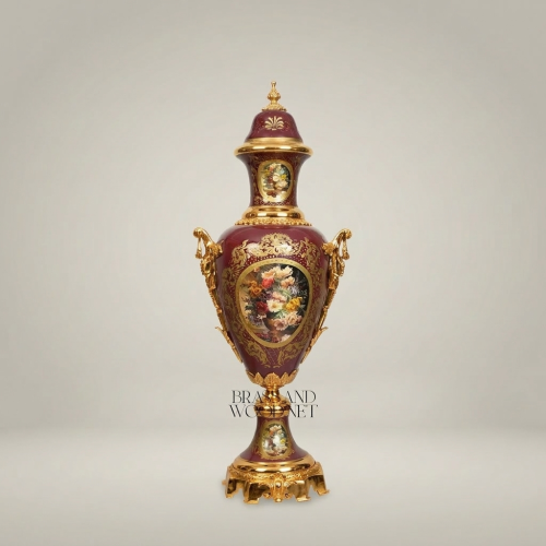 Neoclassical Wine Red Ceramic Covered Urn Vase Hand-Painted Floral Medallion Brass Mounts Brass and Wood Gold Front | Brass & Wood