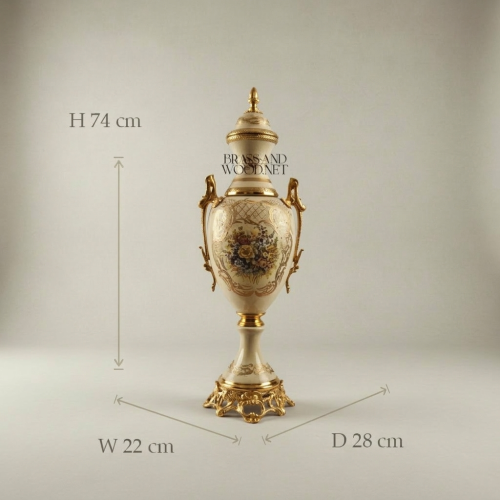Neoclassical Ceramic Lidded Urn Vase Floral Medallion Ornate Brass Mounts Brass and Wood Gold Front | Brass & Wood