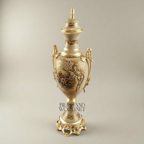 Neoclassical Ceramic Lidded Urn Vase Floral Medallion Ornate Brass Mounts Brass and Wood Gold Front | Brass & Wood