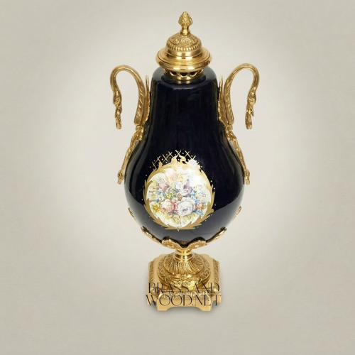 Neoclassical Cobalt Ceramic & Brass Lidded Urn Vase with Swan Handles and Floral Medallion