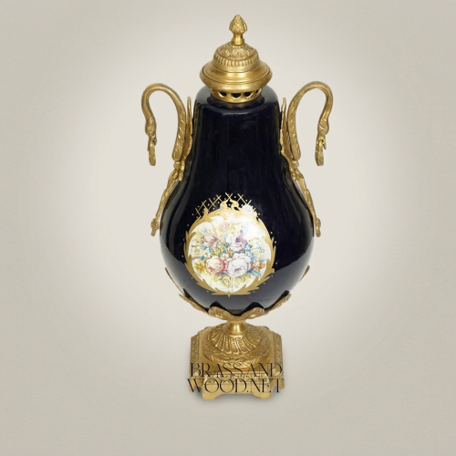 Neoclassical Cobalt Ceramic & Brass Lidded Urn Vase with Swan Handles and Floral Medallion