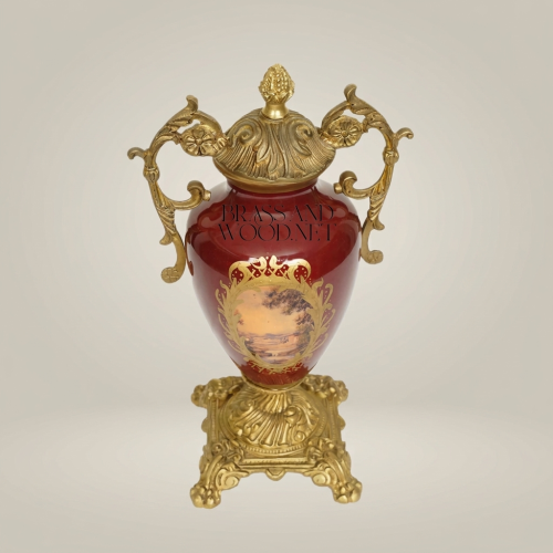 Neoclassical Covered Urn Vase - Wine Ceramic with Scenic Medallion & Ornate Brass Mounts