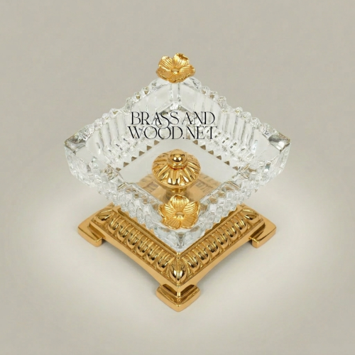 Neoclassical Crystal Ashtray with Floral Brass Base & Butterfly Finials