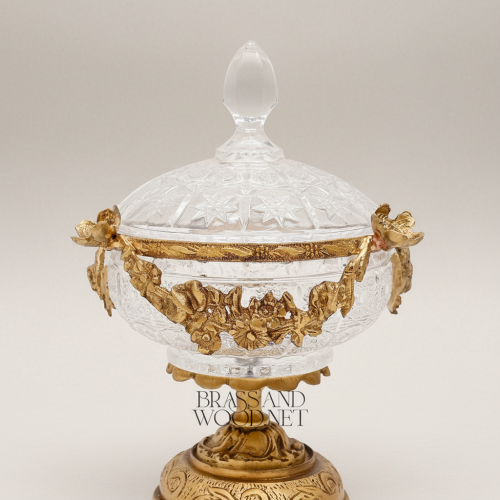 Neoclassical Crystal Bonbonniere with Gilt Floral Brass Garland & Engraved Base