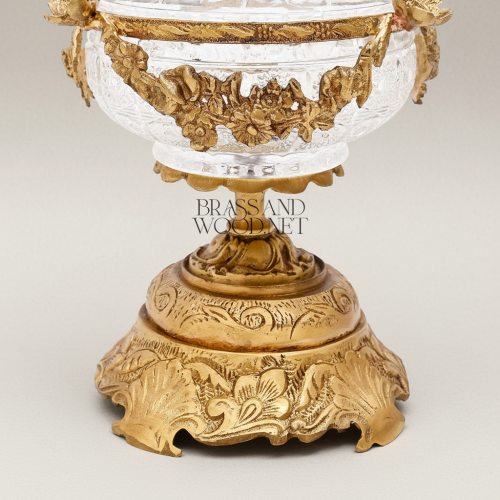 Neoclassical Crystal Bonbonniere with Gilt Floral Brass Garland & Engraved Base
