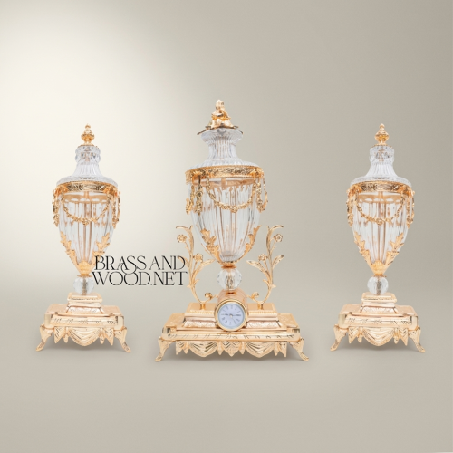 Neoclassical Crystal & Brass 3-Piece Clock Garniture Set with Swag-Draped Lidded Urns