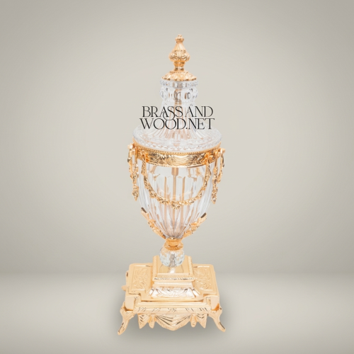 Neoclassical Crystal & Brass 3-Piece Clock Garniture Set with Swag-Draped Lidded Urns