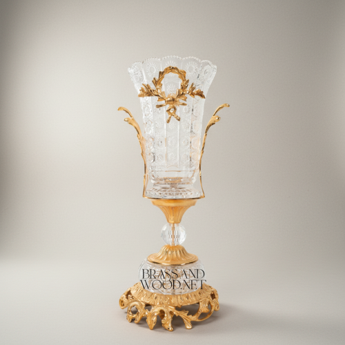 Neoclassical Hand-Cut Crystal Brass Vase Set Three Pieces Laurel Wreath Ormolu Mounts Gold Front | Brass & Wood