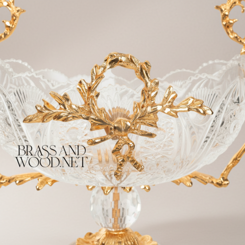 Neoclassical Hand-Cut Crystal Brass Vase Set Three Pieces Laurel Wreath Ormolu Mounts Gold Front | Brass & Wood