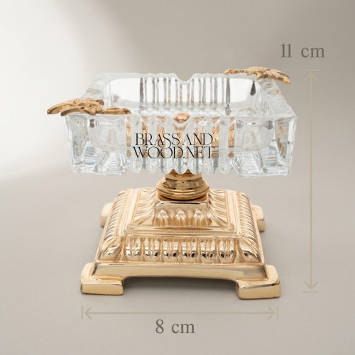 Neoclassical Crystal Brass Ashtray Tiered Pedestal Base Floral Accents Brass and Wood Gold Front | Brass & Wood