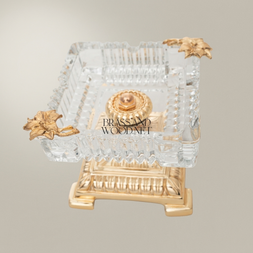 Neoclassical Crystal Brass Ashtray Tiered Pedestal Base Floral Accents Brass and Wood Gold Front | Brass & Wood