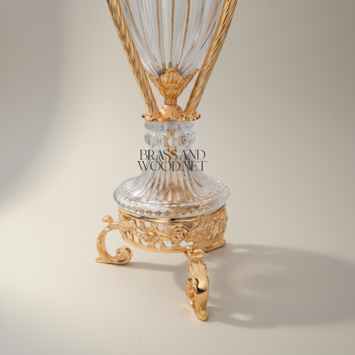 Neoclassical Crystal & Brass Incense Burner with Fluted Vase Body and Scroll-Footed Plinth