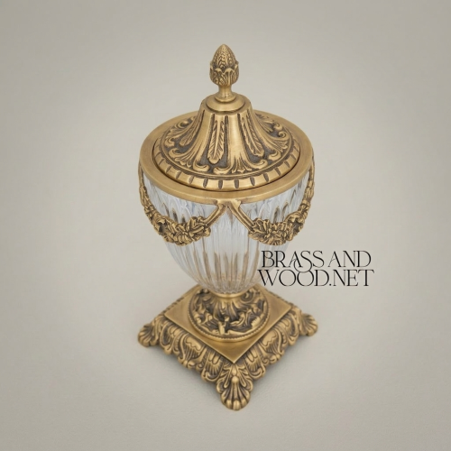 Neoclassical Crystal Brass Lidded Urn Vase with Floral Swag Mounts and Pineapple Finial Gold Front | Brass & Wood