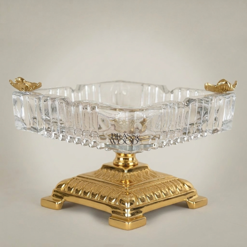 Neoclassical Crystal & Brass Square Ashtray with Floral Corner Mounts