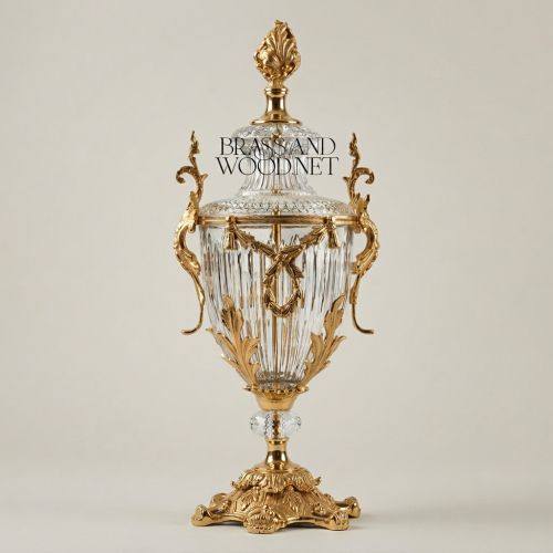Neoclassical Handcrafted Crystal Covered Urn Vase with Brass Acanthus Mounts and Flame Finial Gold Front | Brass & Wood