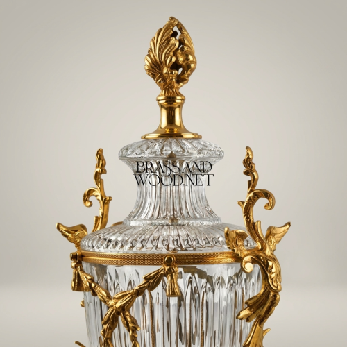 Neoclassical Handcrafted Crystal Covered Urn Vase with Brass Acanthus Mounts and Flame Finial Gold Front | Brass & Wood