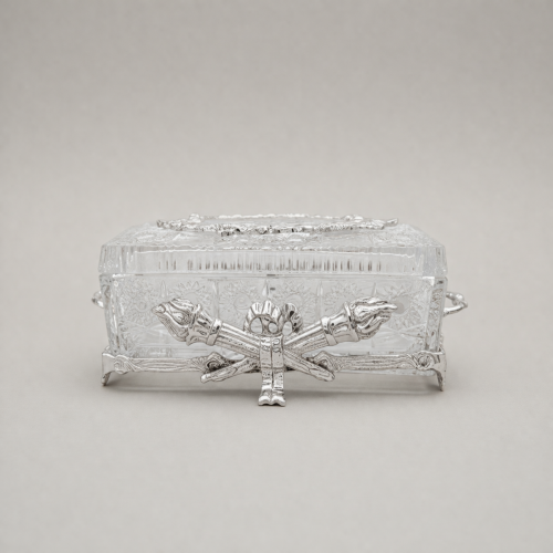 Neoclassical Crystal Tissue Box Crossed Torch Metal Appliqués Ornate Lid silver Front | Brass & Wood