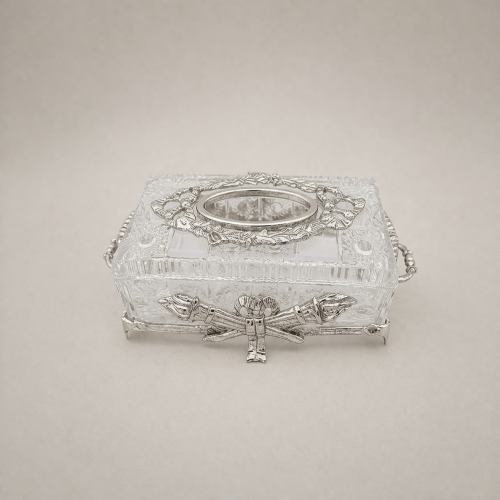Neoclassical Crystal Tissue Box Crossed Torch Metal Appliqués Ornate Lid silver Front | Brass & Wood