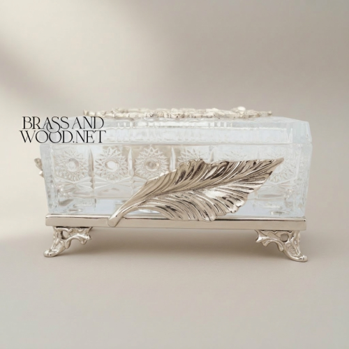 Neoclassical Crystal Tissue Box Feather Relief Floral Wreath Metal Feet Brass and Wood silver Front | Brass & Wood