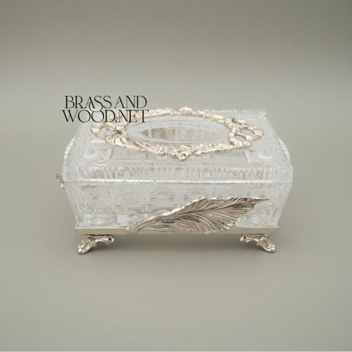 Neoclassical Crystal Tissue Box Feather Relief Floral Wreath Metal Feet Brass and Wood silver Front | Brass & Wood
