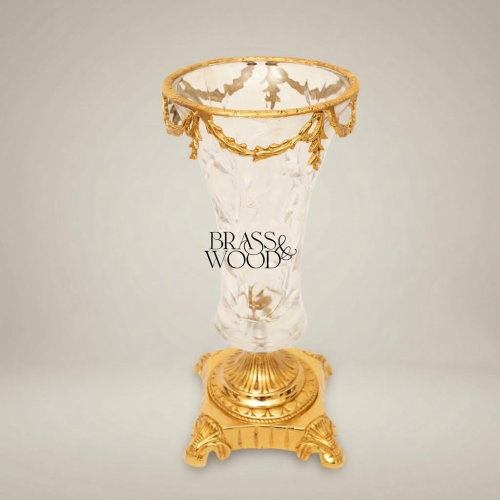 Neoclassical Crystal Trumpet Vase Brass Swag Rim Sculpted Pedestal Base Brass and Wood Gold Front | Brass & Wood