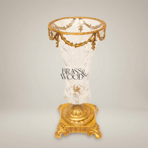 Neoclassical Crystal Trumpet Vase Brass Swag Rim Sculpted Pedestal Base Brass and Wood Gold Front | Brass & Wood