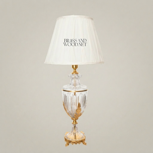 Neoclassical Crystal Urn Table Lamp with Acanthus Brass Base and Off-White Pleated Shade - Brass and Wood Gold Front | Brass & Wood