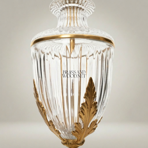 Neoclassical Crystal Urn Table Lamp with Acanthus Brass Base and Off-White Pleated Shade - Brass and Wood Gold Front | Brass & Wood