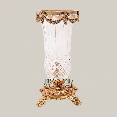 Neoclassical Handcrafted Cut Crystal Vase Brass Swag Collar Ornate Footed Base Brass and Wood Gold Front | Brass & Wood
