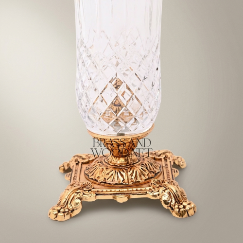Neoclassical Handcrafted Cut Crystal Vase Brass Swag Collar Ornate Footed Base Brass and Wood Gold Front | Brass & Wood