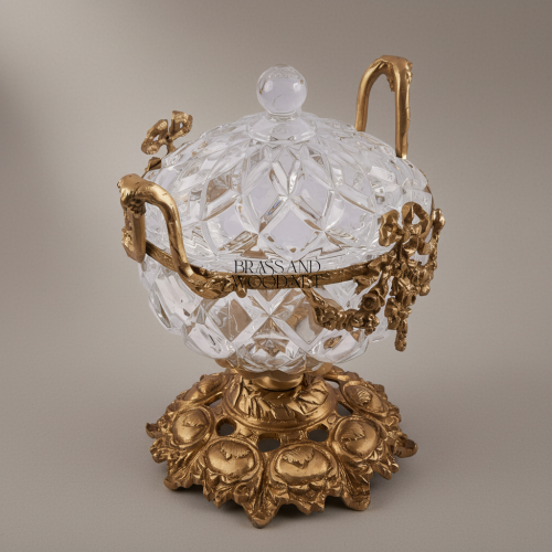 Neoclassical Cut Crystal Bonbonniere with Floral Brass Mounts & Foliate Base