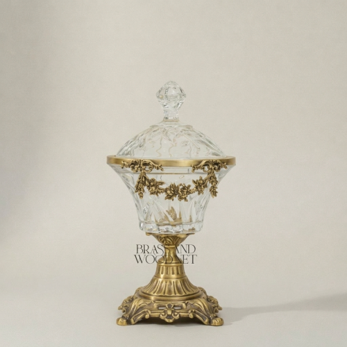 Neoclassical Cut Crystal Bonbonniere with Floral Brass Swag Mount