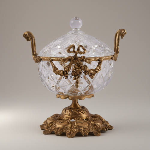 Neoclassical Cut Crystal Bonbonniere with Floral Brass Mounts & Foliate Base