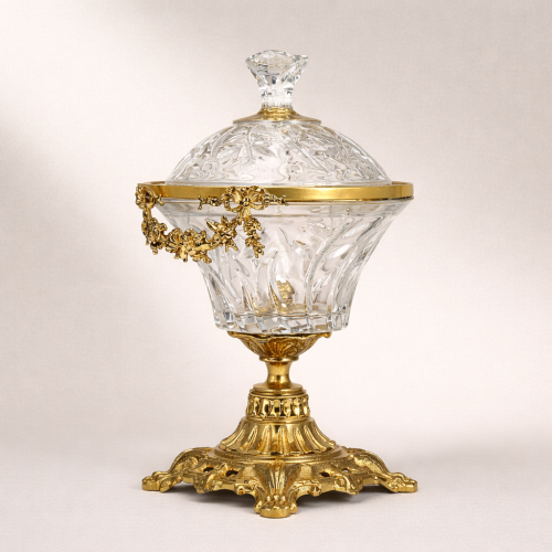 Neoclassical Cut Crystal Bonbonniere with Floral Brass Swag Mount