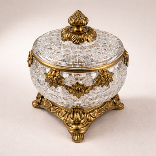 Neoclassical Cut Crystal Bonbonnière with Ornate Brass Mounts & Footed Stand