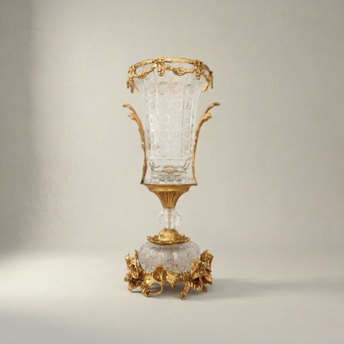 Neoclassical Cut Crystal & Brass Garland Vase and Centerpiece 3-Piece Garniture Set