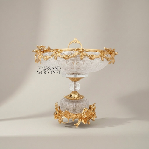 Neoclassical Cut Crystal & Brass Garland Vase and Centerpiece 3-Piece Garniture Set