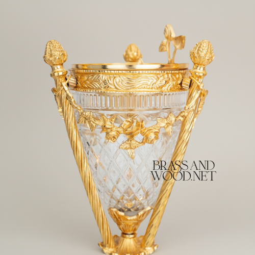 Neoclassical Diamond-Cut Crystal & Brass Incense Burner with Urn Form and Floral Swag Mounts