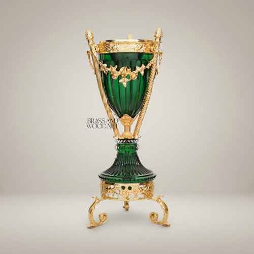 Neoclassical Emerald Glass & Brass Trophy Vase with Floral Swag Mounts