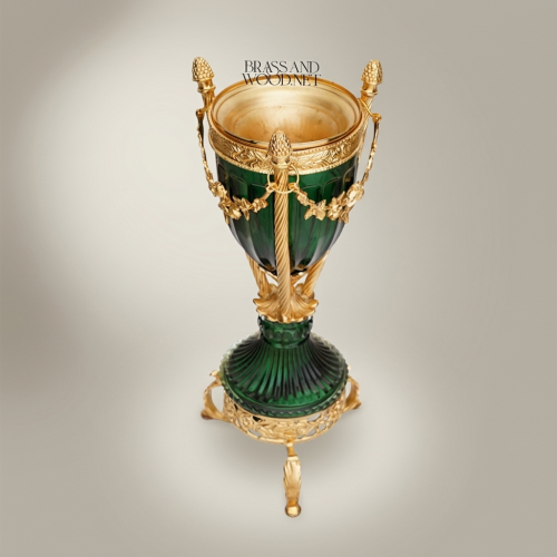 Neoclassical Emerald Glass & Brass Trophy Vase with Floral Swag Mounts