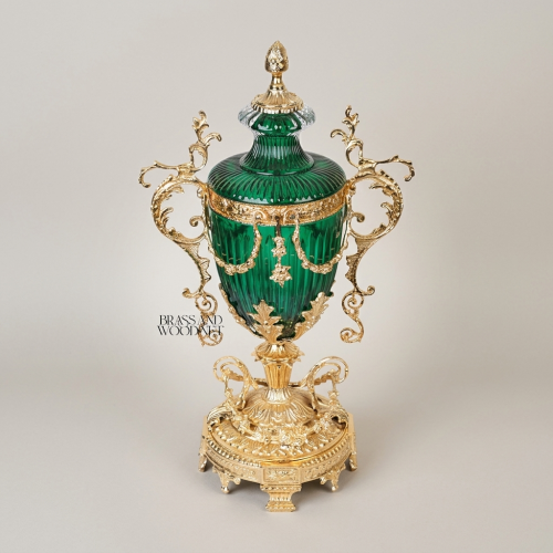 Neoclassical Emerald Glass Covered Urn Vase with Scrolled Brass Handles & Acanthus Mounts